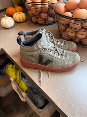 Veja Mid-Top Olive Suede Sneakers with Rust Sole and Black V 37